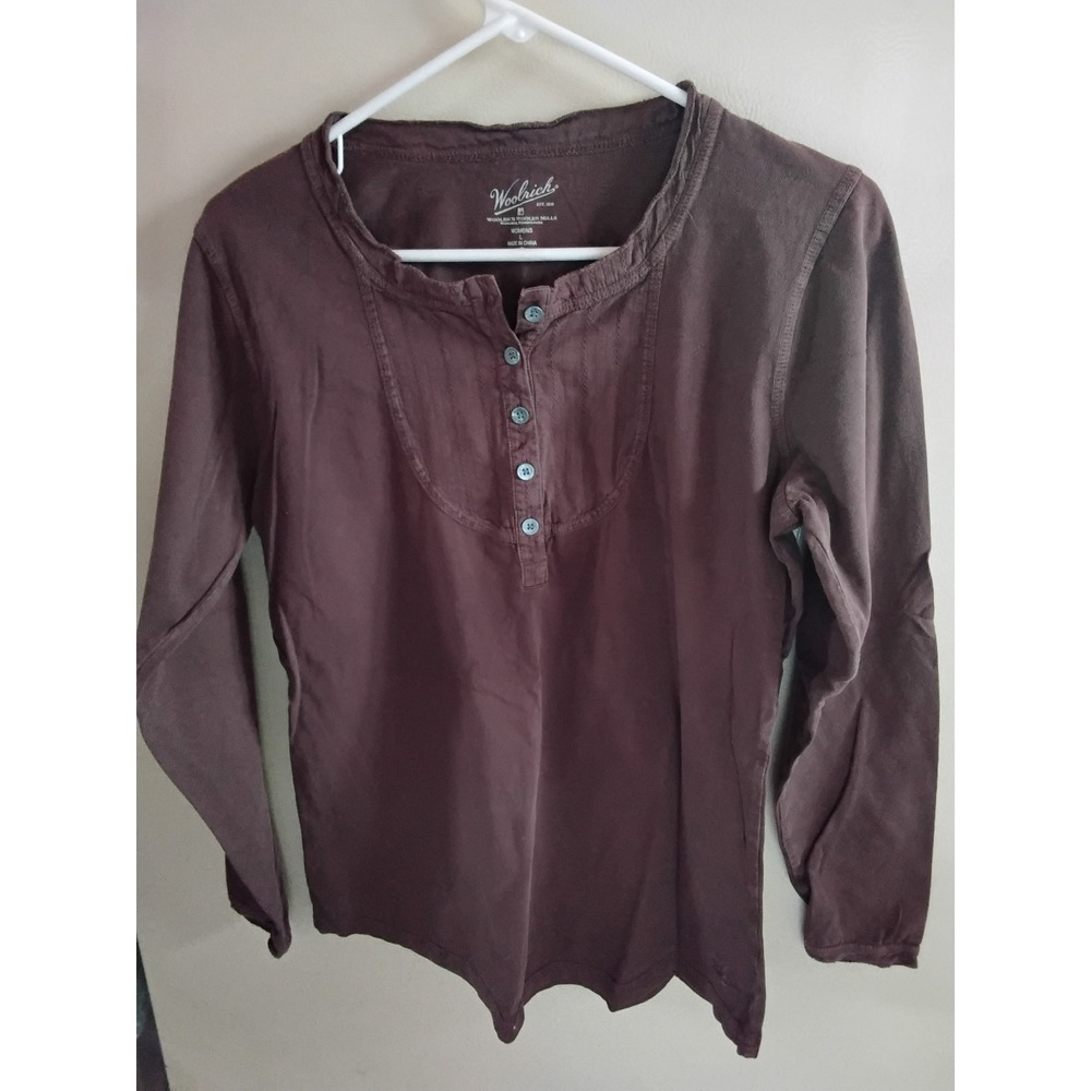Woolrich Womens Brown Long Sleeve Henley Bib Pintuck Pleated Top Size Large